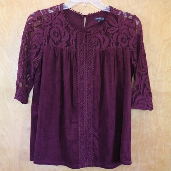 SOLD Hannah faux suede crochet lace Top - Burgundy - Picture 2 of 8